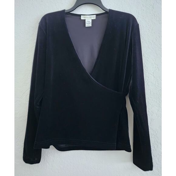 TOP/BLOUSE-CASUAL CORNER-Black Velvet-Low V-Neck Crossover-Long Sleeves-Size LRG - Picture 3 of 12